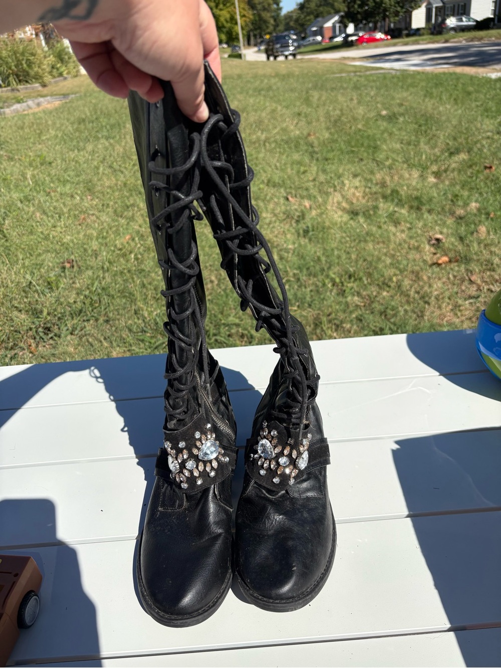 torrid Black Lace-Up Knee-High Boots with Crystal Accents